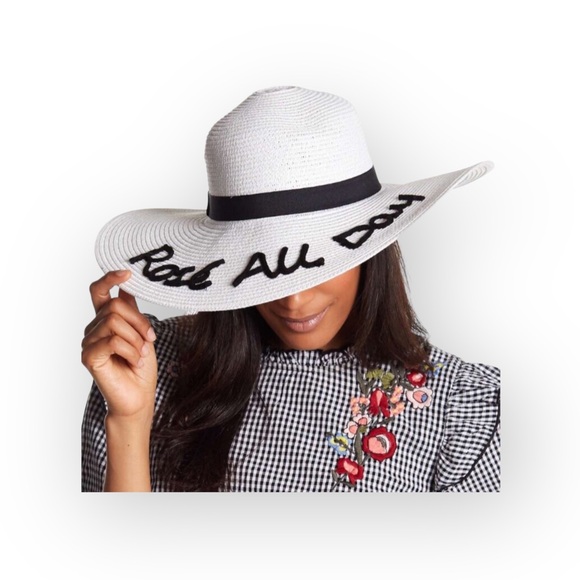 new Rose All Day ☻ Jet Setter Oversize Brim Floppy Sun Hat ☻ White Black Letters - Picture 1 of 14